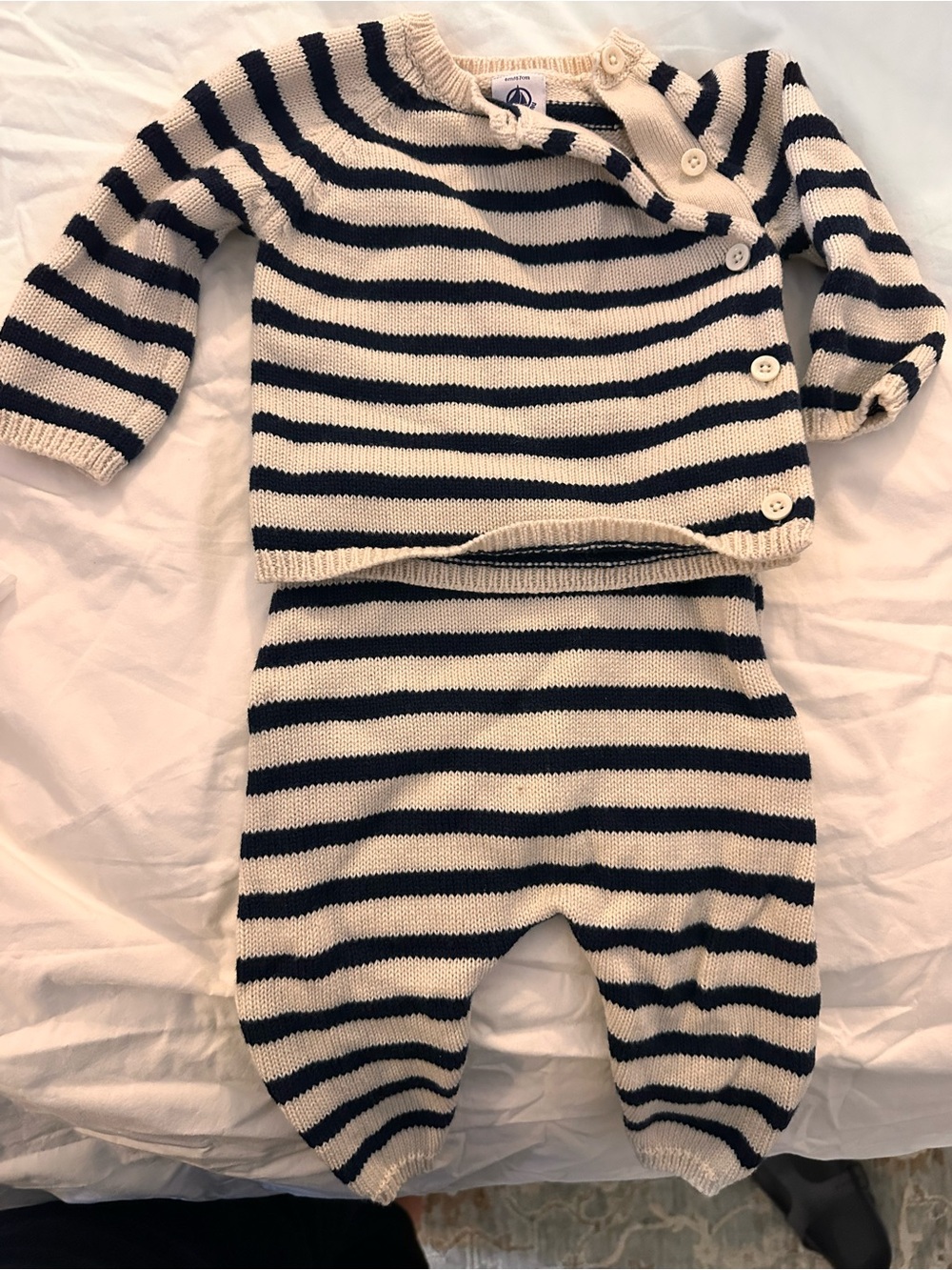 Petit Bateau Cream & Navy Striped Knit Baby Set